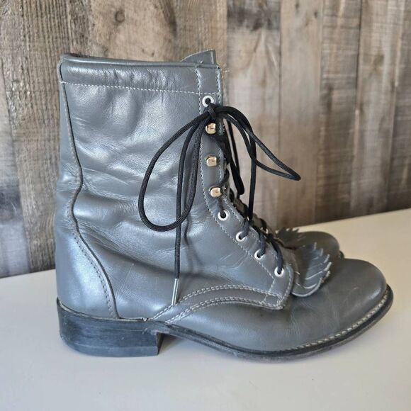 Laredo Grey Vintage Kiltie Lace Up Western Mid Calf Boots 8M - Picture 1 of 8
